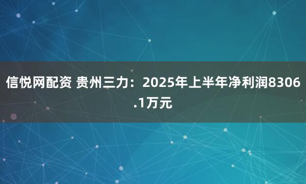 信悦网配资 贵州三力：2025年上半年净利润8306.1万元